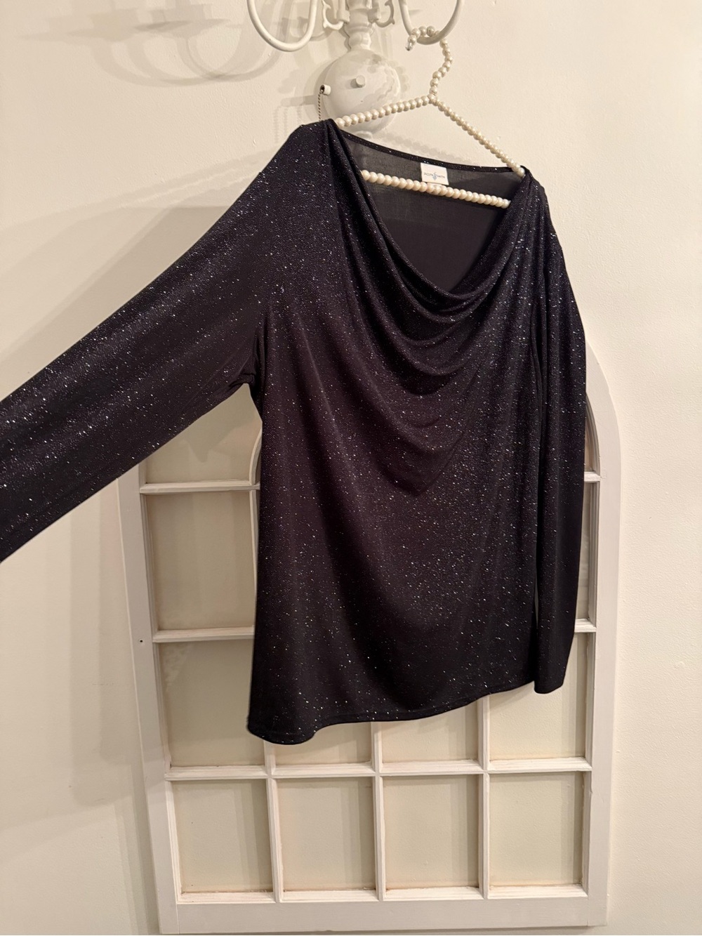 Sparkle Metallic Shimmer Drape Cowl Neck Long Sleeve Top Wedding | Size XL